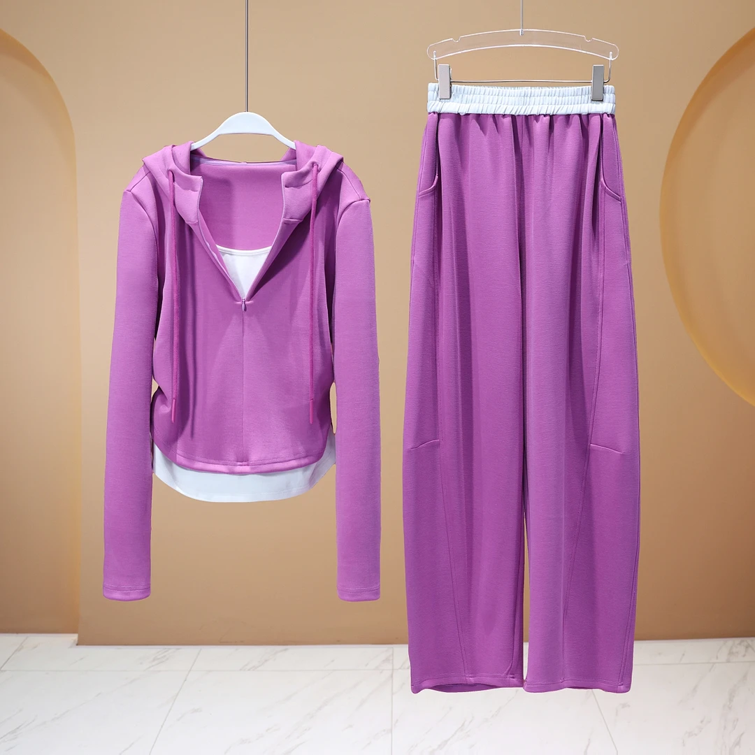 【韩哥女装】《玉色依稀捉月仙》紫水仙撞色连帽休闲套装6211A