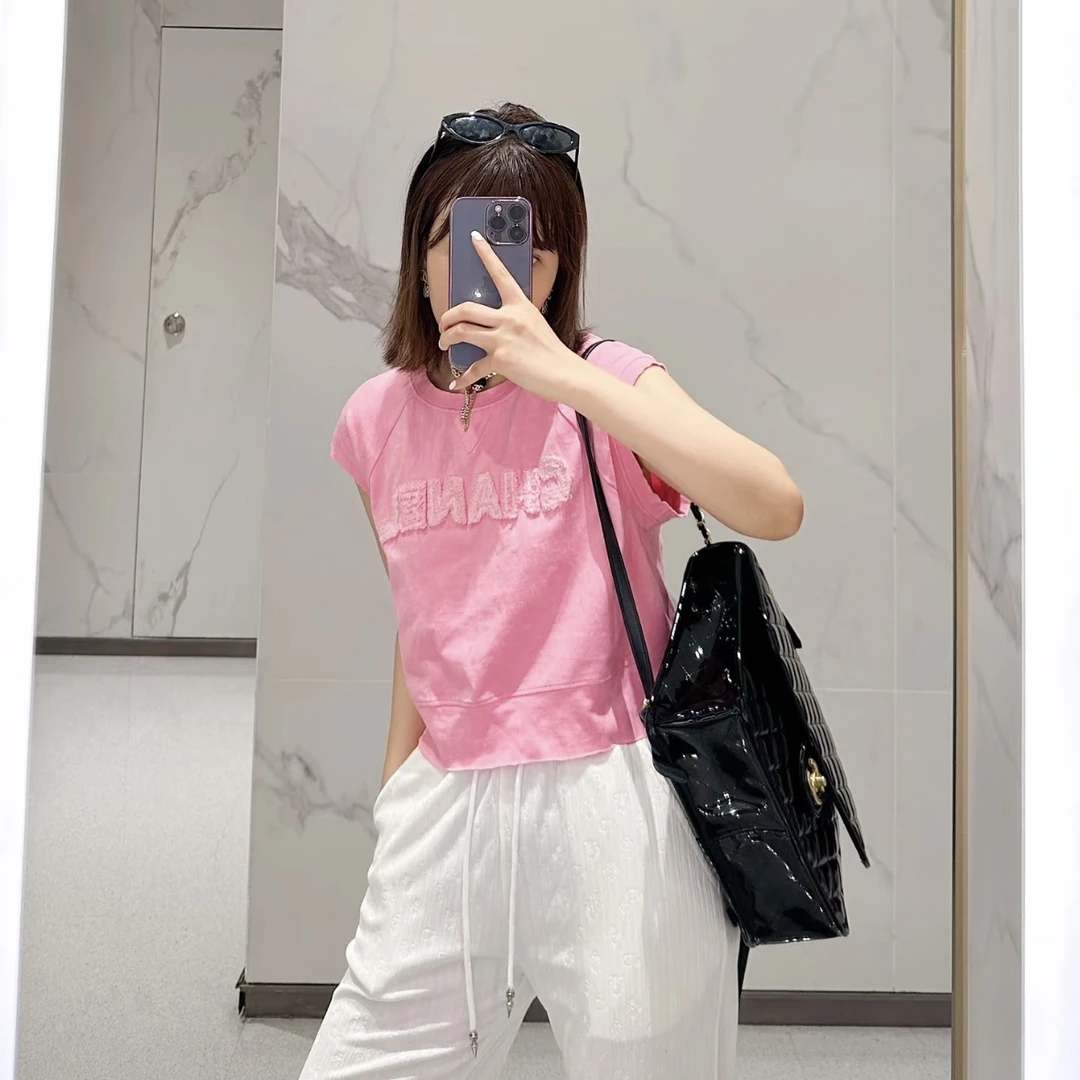 99新 Chanel/香奈儿 粉色刺绣logo短袖 s码 GM004294