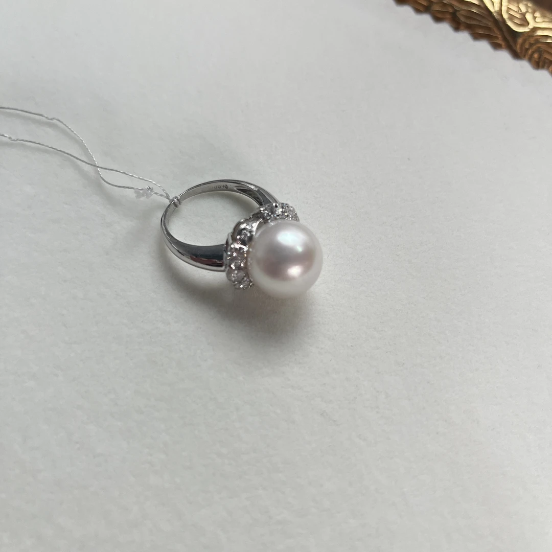 90新  孤品优雅Pt900钻石海水珍珠戒指gm471