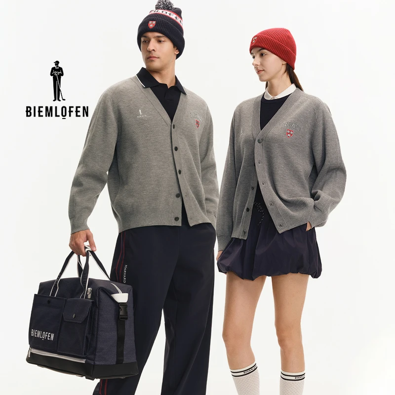 【哈佛联名】比音勒芬高尔夫2025年秋新男女同款V领针织夹克外套