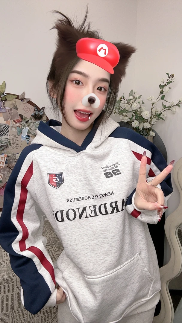 美式复古印花拼接秋冬情侣拼色连帽衫卫衣宽松慵懒风百搭韩版穿搭