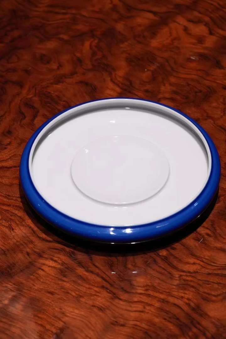 择儒堂祭蓝暗刻龙纹壶承茶道干泡陶瓷茶具蓝色圆形家用白瓷壶托