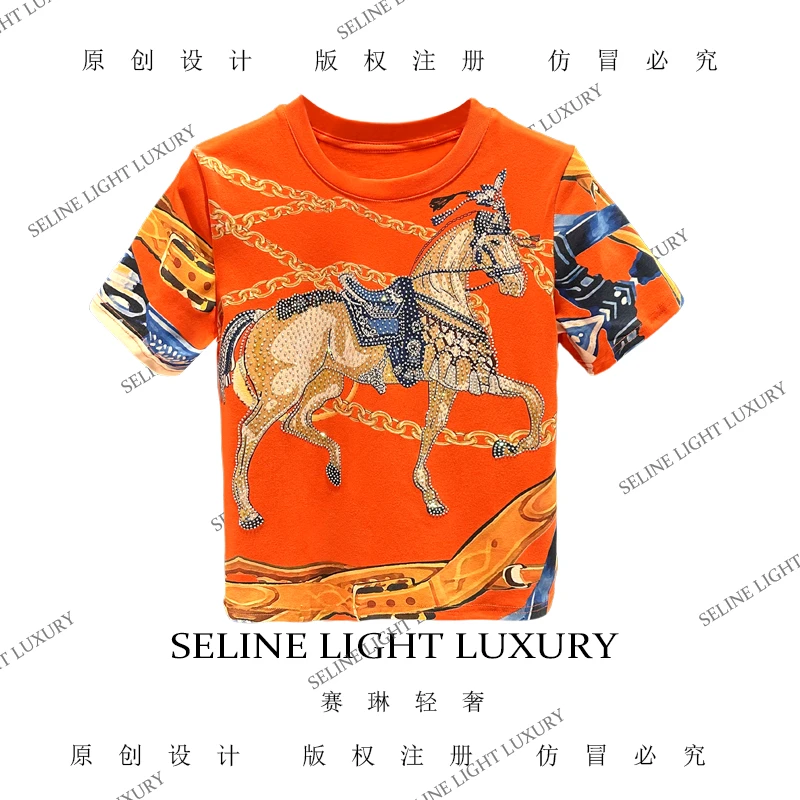 【25C-197】七 2025 SELINE 轻奢小众链条小马印花短袖T恤
