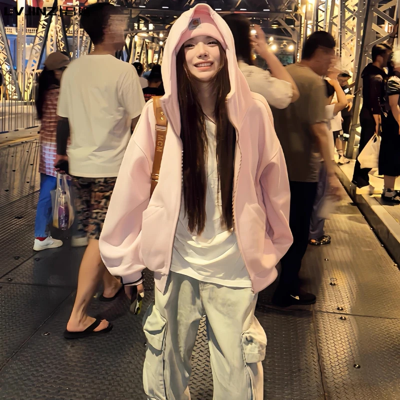 粉色早秋连帽卫衣外套女宽松慵懒风美式拉链开衫2025新款秋季上衣