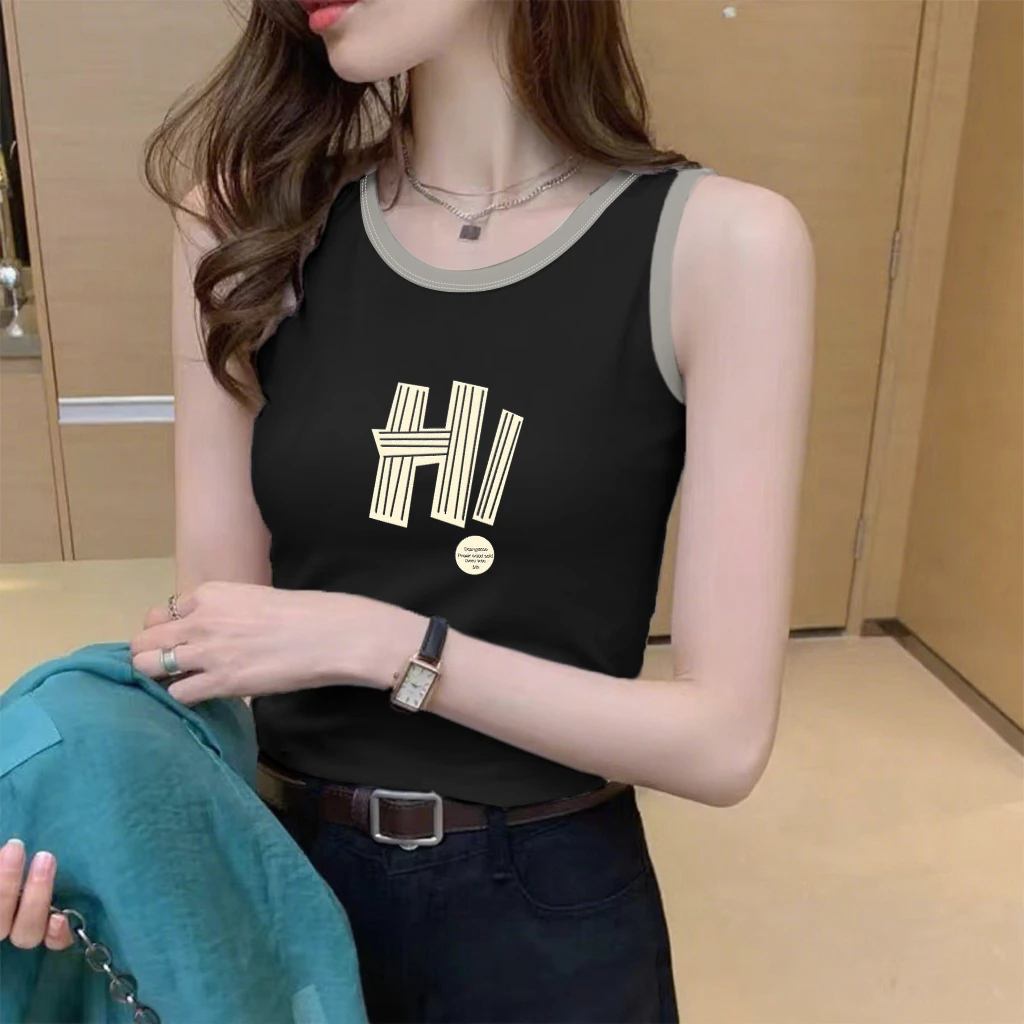 100%纯棉洋气背心短袖修身女背心外穿高档无袖拼接上衣女背心打底