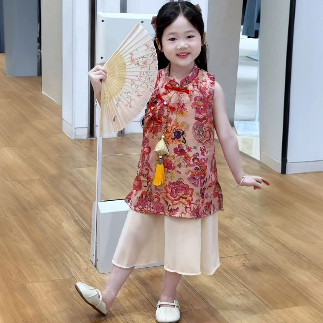 女童2025夏季新款时尚中式喜庆国风汉服碎花连衣裙锦鲤提花背心裙