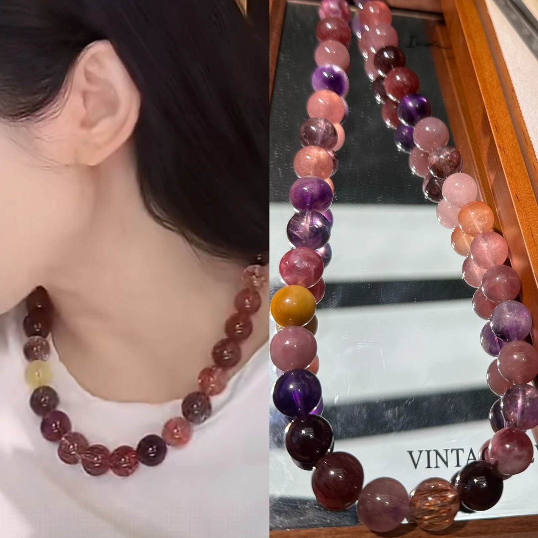 韦雪同款天然水晶项链女黑金超七紫水晶兔毛多宝九紫离火项链