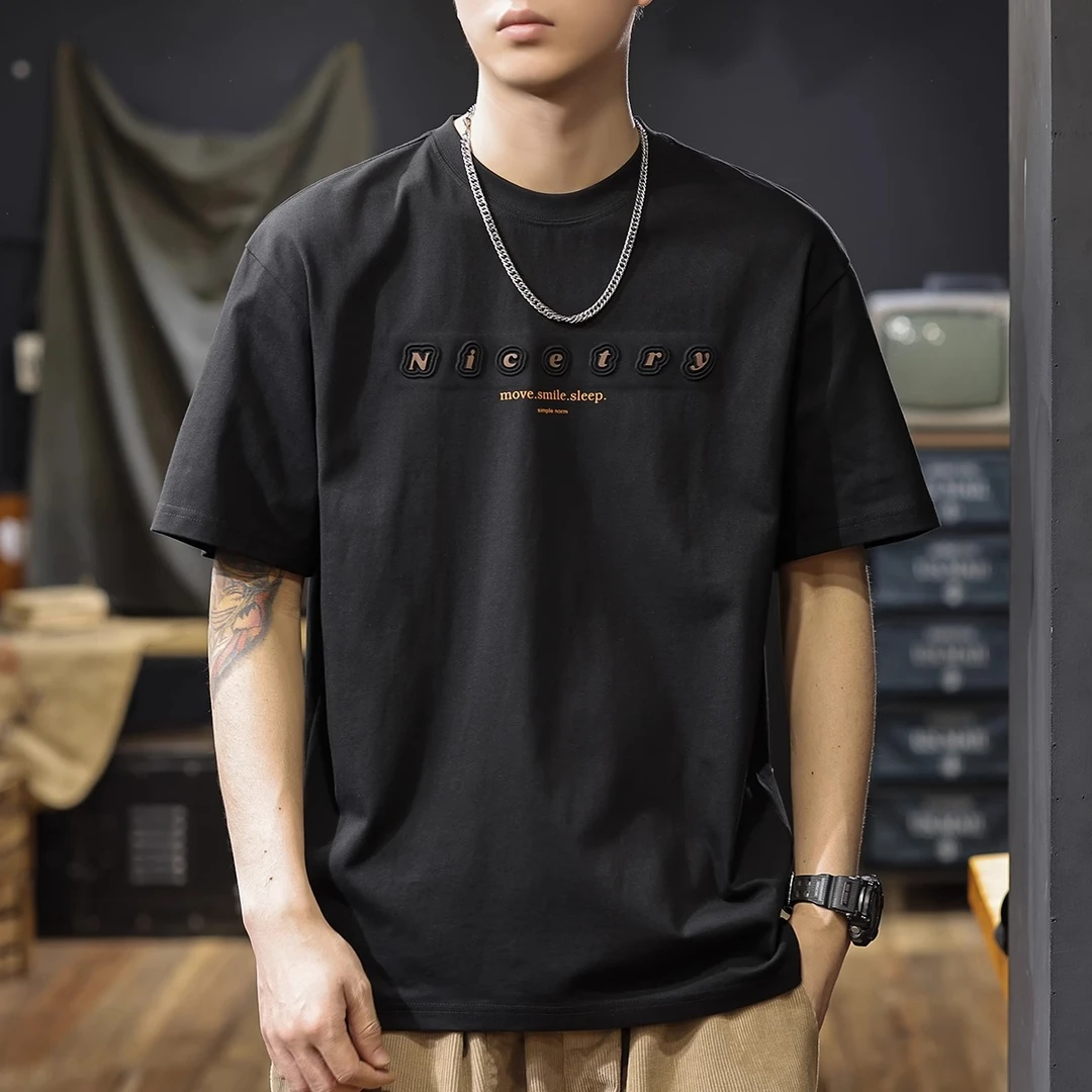 Salodac夏季重磅纯棉短袖T恤男新款潮牌立体印花男士半袖男款衣服