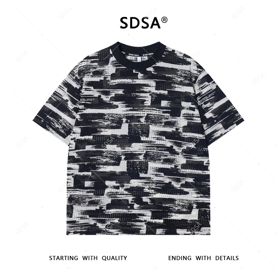 T3720夏季高级感新款男士痞帅撞色镂空短袖T恤时尚休闲宽松上衣