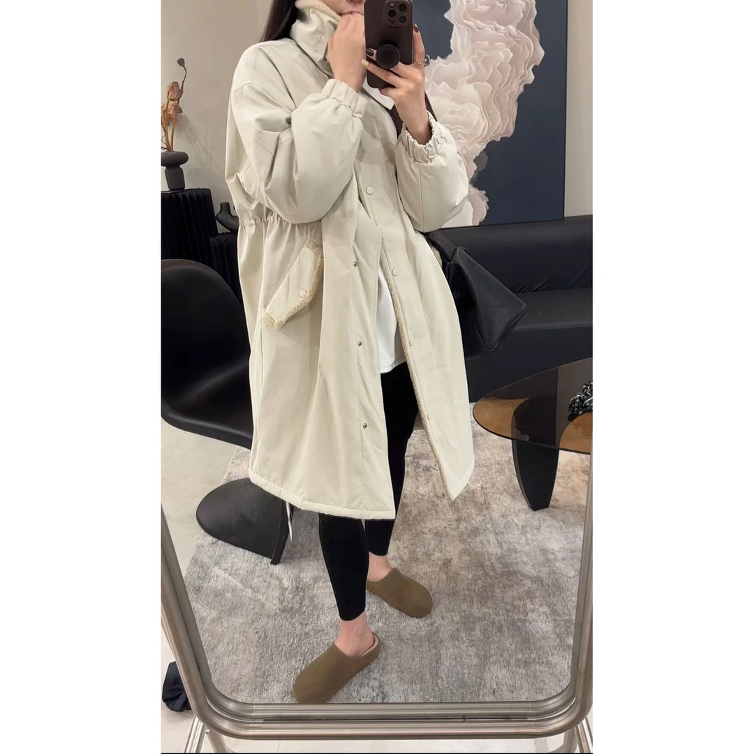 ZX590冬季新款时尚宽松设计感翻领单排扣中长款棉服外套