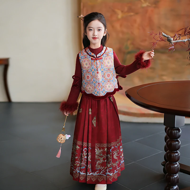 54002女童冬装汉服改良旗袍马甲中国风过年衣服儿童拜年服马面裙
