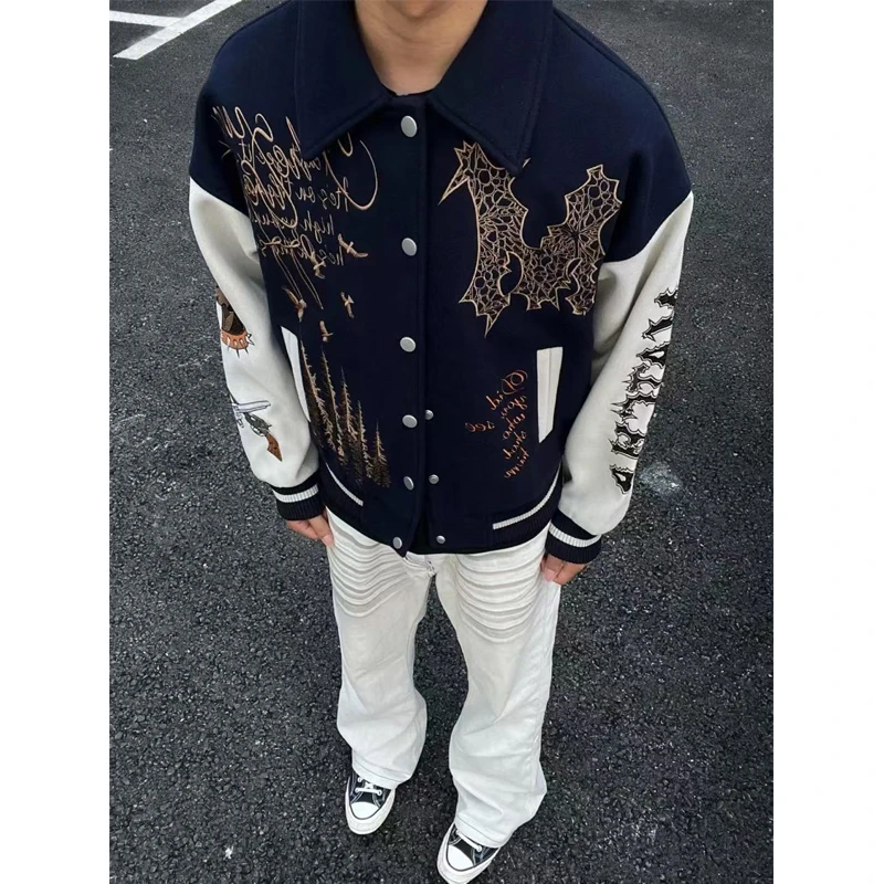欧美街头重工刺绣毛呢棒球服外套男款秋季美式复古短款飞行员夹克