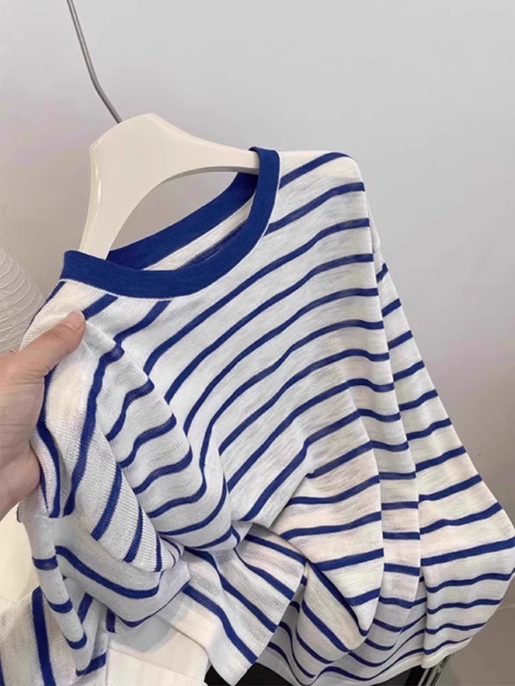 薄款蓝色条纹防晒针织衫上衣女夏季百搭空调衫小个子罩衫长袖t恤