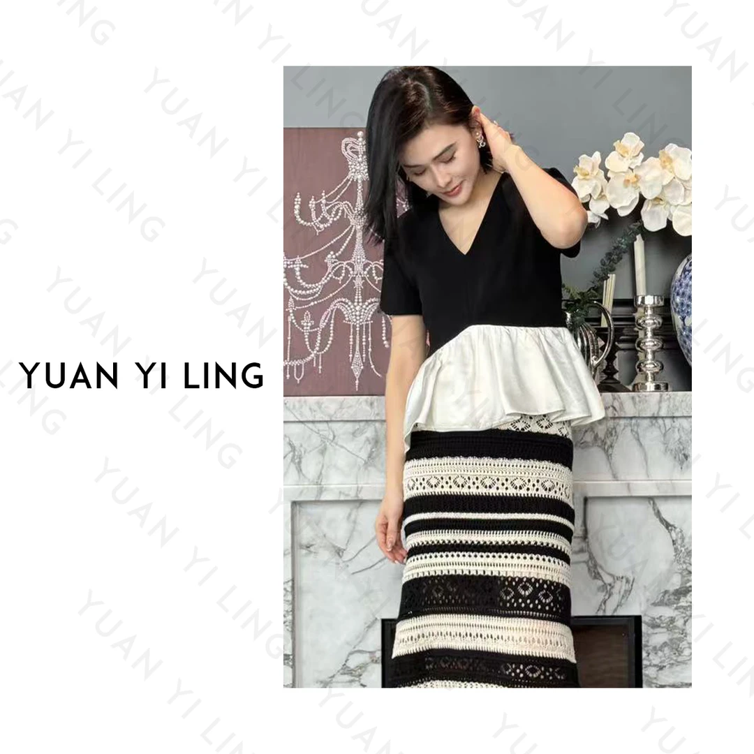 袁艺灵【泰勒画展】25春夏上新醋酸黑白撞色女上衣（不要用蓝月亮洗）