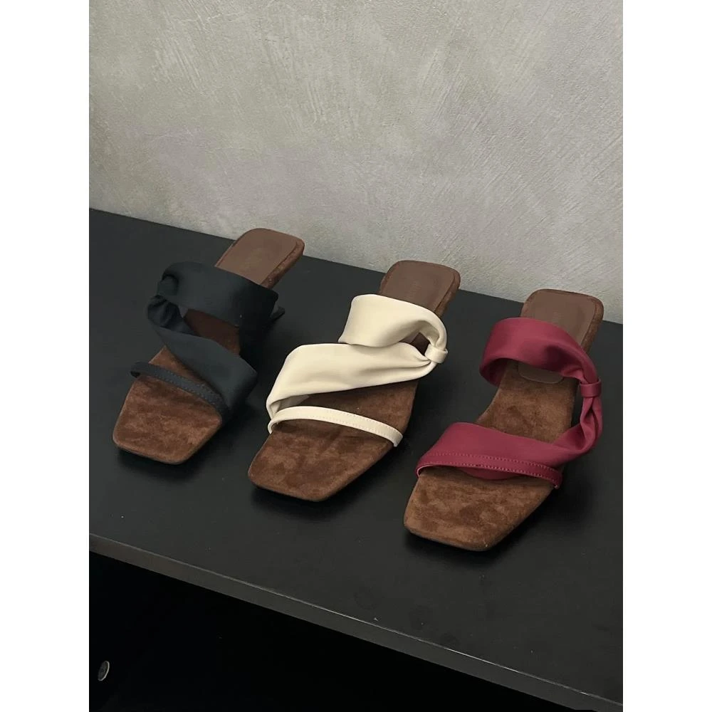 2025夏季新款时尚百搭小众设计感复古坡跟凉鞋方头露趾高跟凉拖鞋