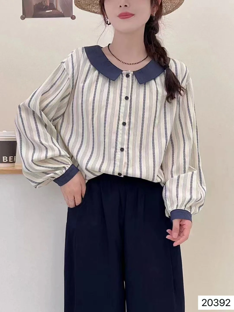 海军领条纹衬衫女春秋新款宽松气质棉麻上衣2578