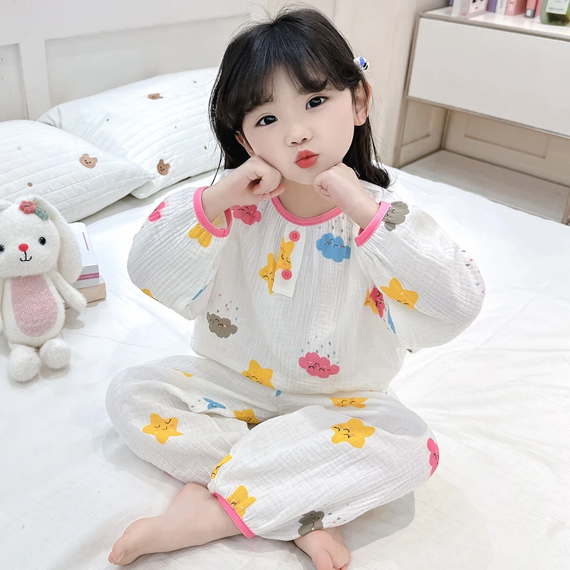 女童家居服春秋纯棉睡衣儿童长袖开衫家居服宝宝夏季薄款空调服