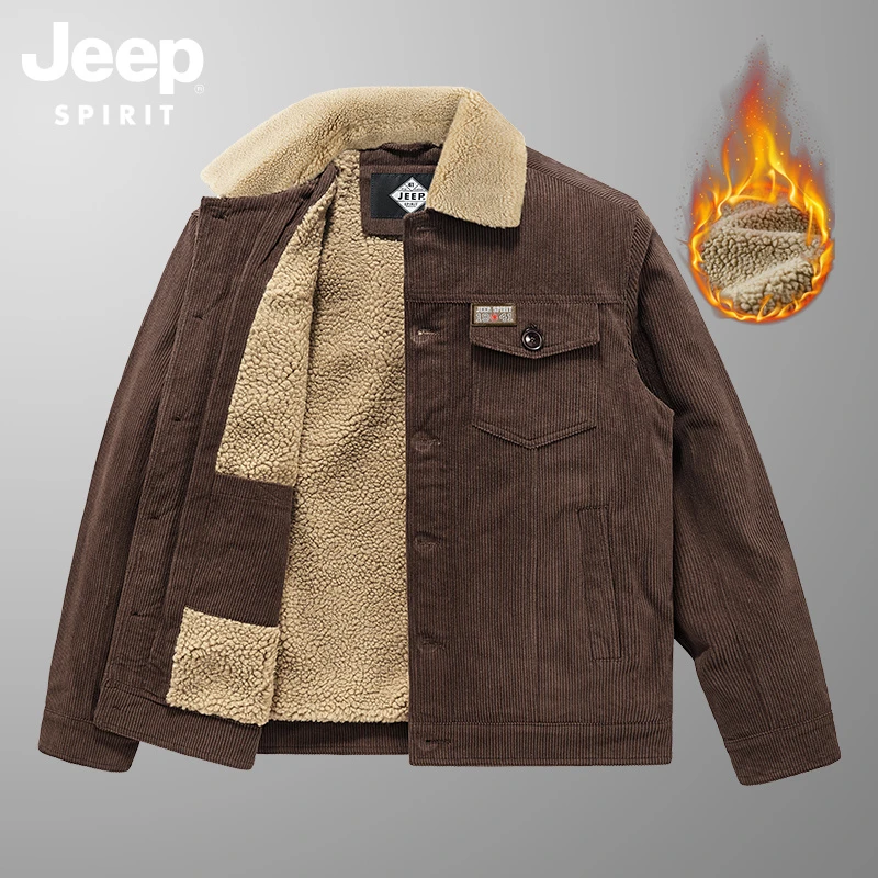 Jeep吉普翻领棉衣男灯芯绒夹克男秋冬季宽松加绒加厚保暖男装外套