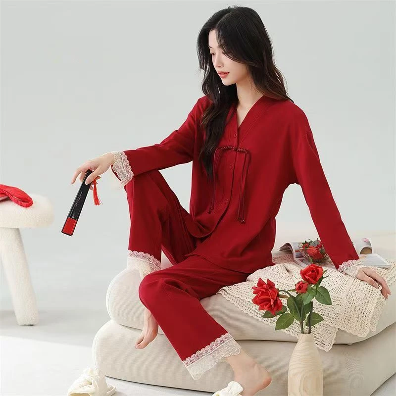 新中式国风睡衣女春秋季棉质长袖红色本命年结婚高级感家居服套装