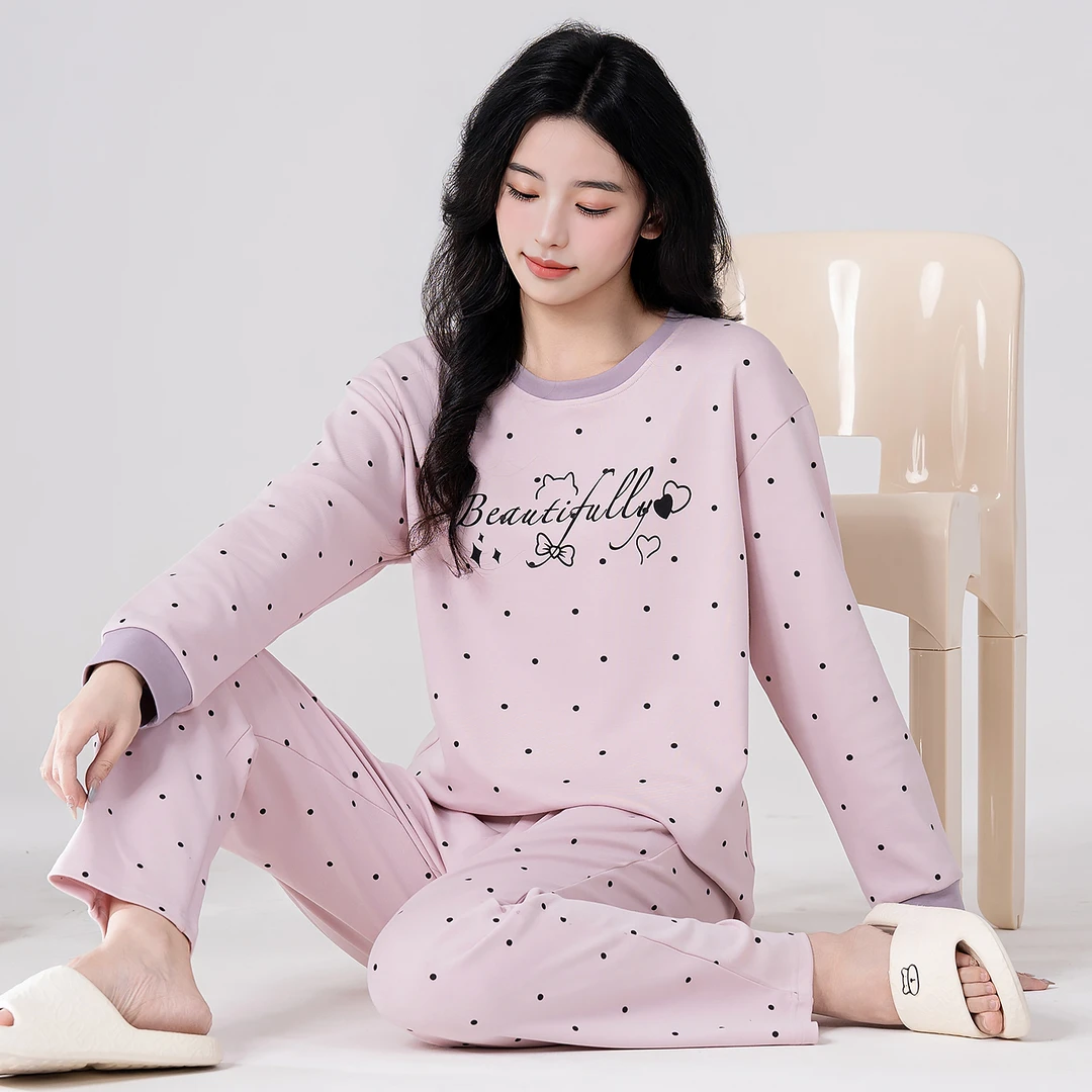 睡衣女纯棉秋冬款长袖长裤带胸垫圆领休闲舒适可外穿家居服套装
