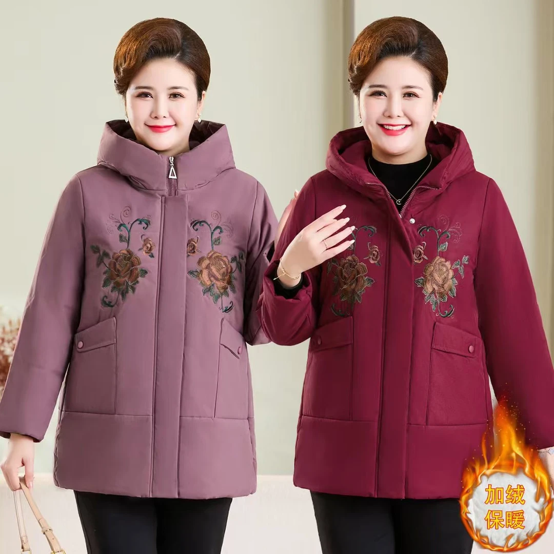 爆款冬季加厚中老年刺绣棉服拜年服妈妈加绒加棉中长款防风棉袄
