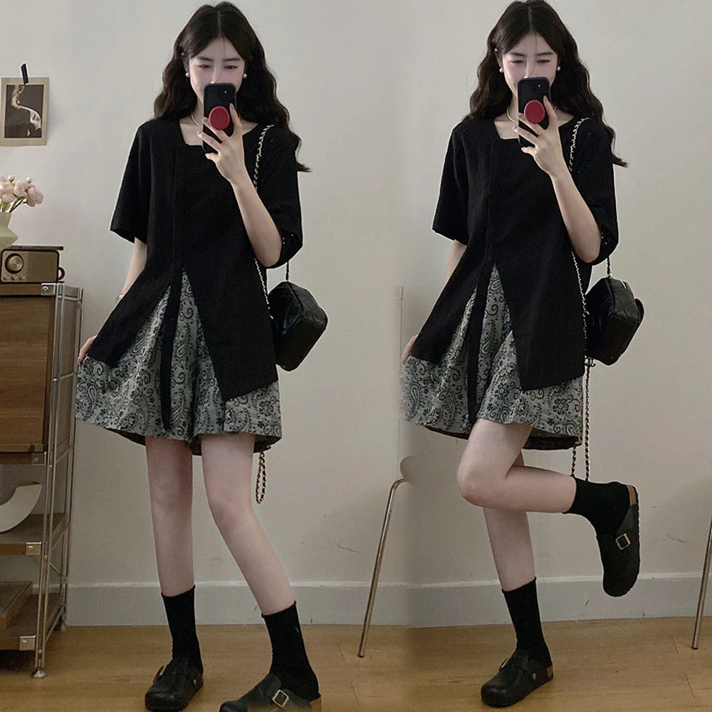 大码女装韩系设计感不规则短袖T恤宽松遮肉上衣夏季时尚显瘦短裤