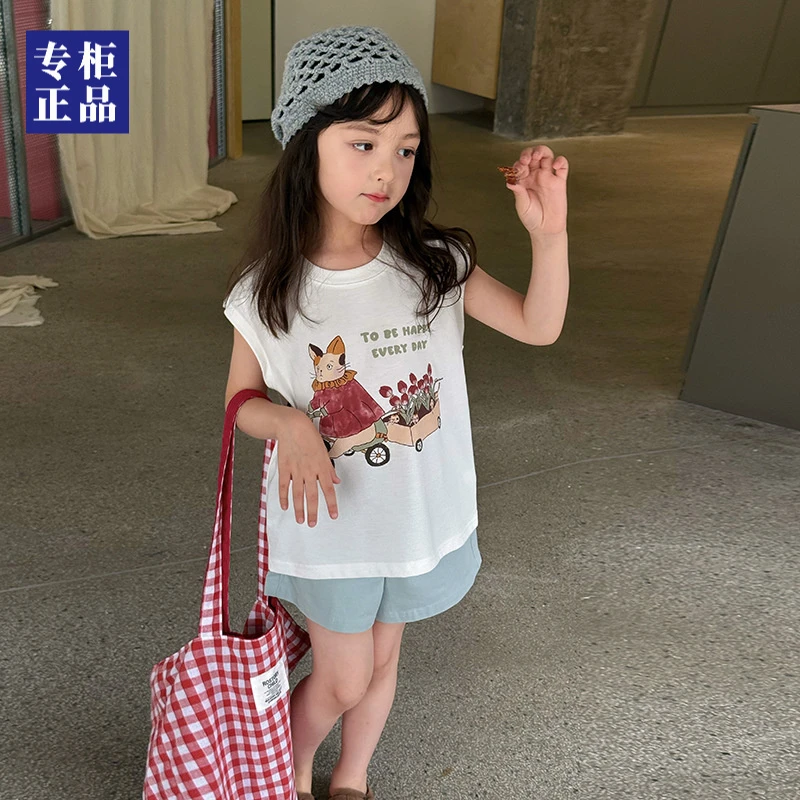 女童韩版卡通可爱背心前后印花无袖T恤儿童女中大童洋气休闲背心