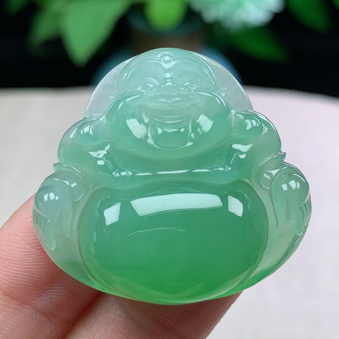 z缅甸天然翡翠A货32.5-35.6-8玉石冰种满绿一刀切佛公吊坠礼物