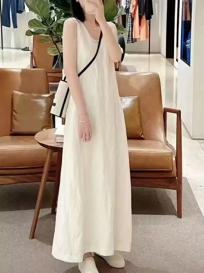 小禾同款女装2025春夏新款白色绢麻绸长款无袖背心连衣裙长裙裙子
