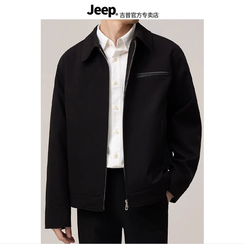 Jeep男装25春季新款高级感底特律行政夹克通勤短款翻领PU拼接外套