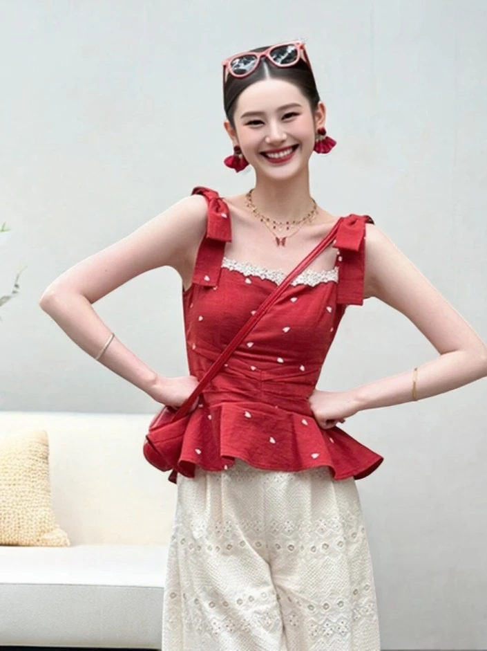 【红莓巧糖】Yoo新款法式红色吊带上衣显瘦通勤小众夏天衣服夏季