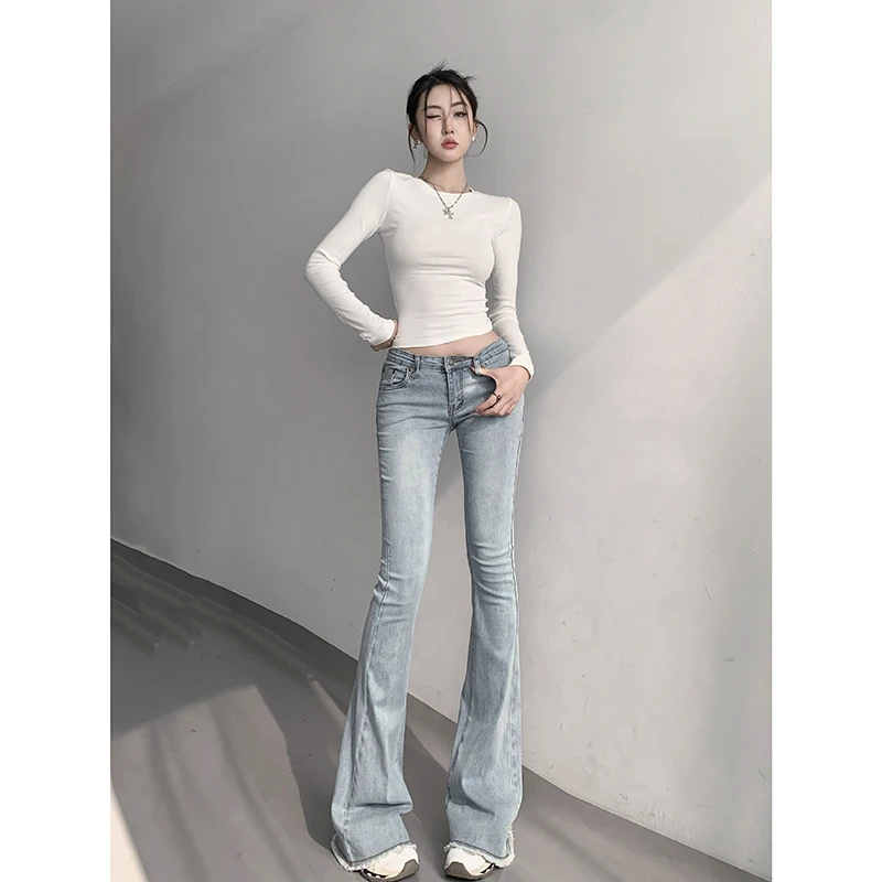 【限量版】美式2025春秋季复古牛仔低腰毛边喇叭裤弹力修身显瘦牛