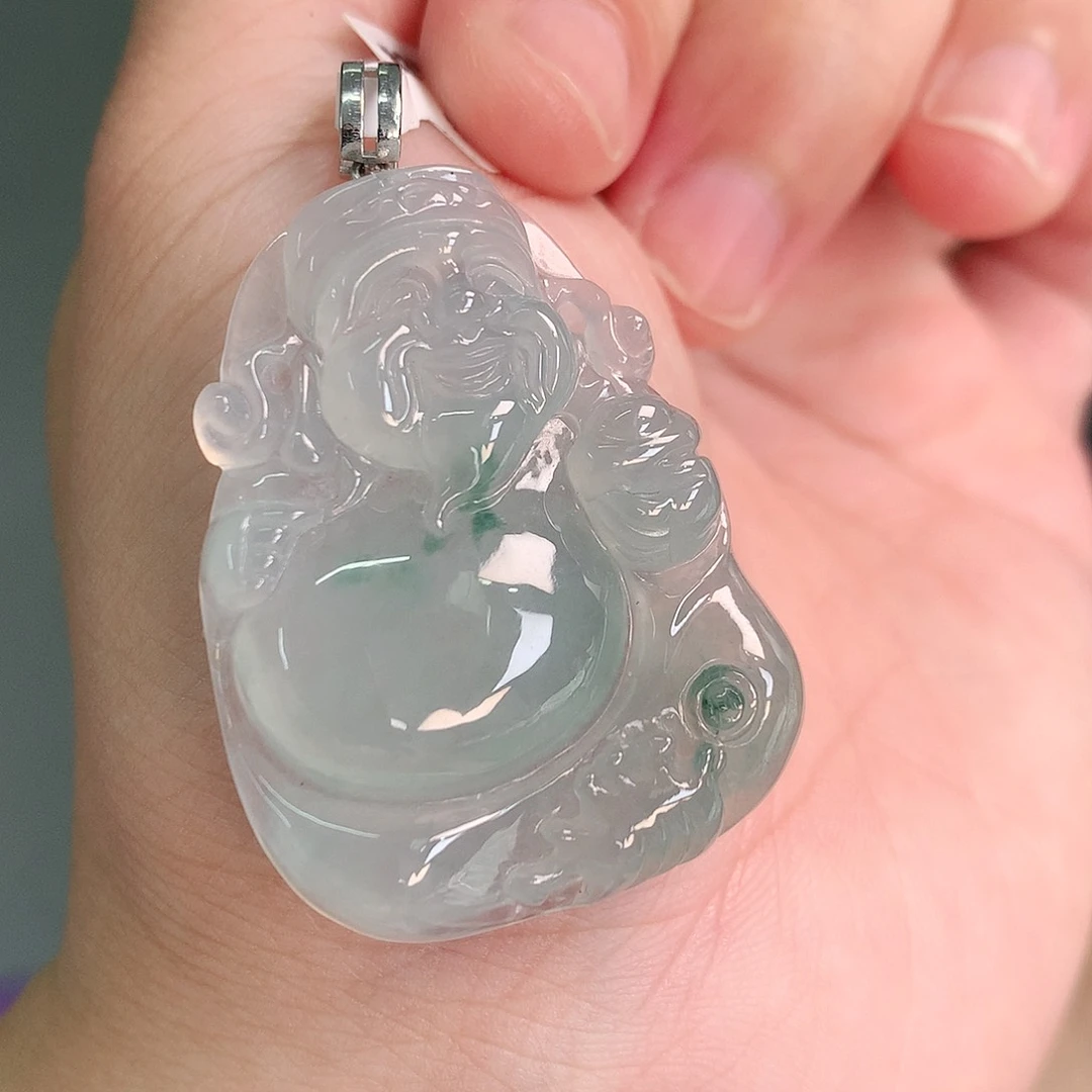 翡翠18K金镶嵌颈饰冰晴飘绿财神爷38-28-5.8