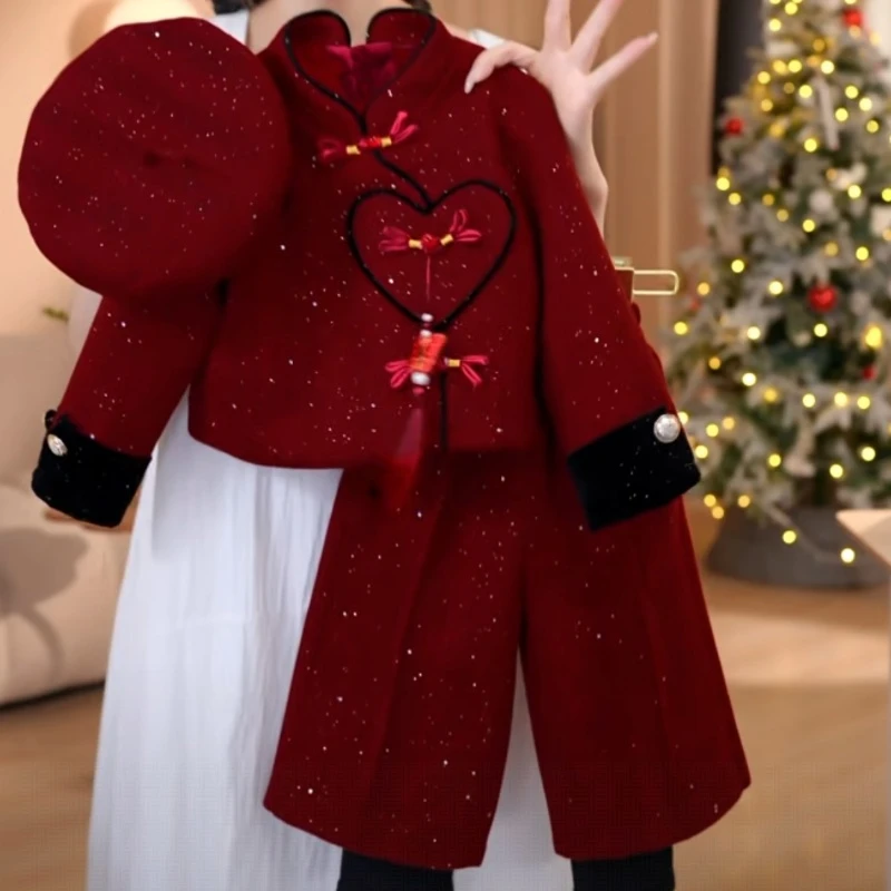 送帽子女童加厚拜年服套装2025冬季新款时尚洋气中国风红色两件套