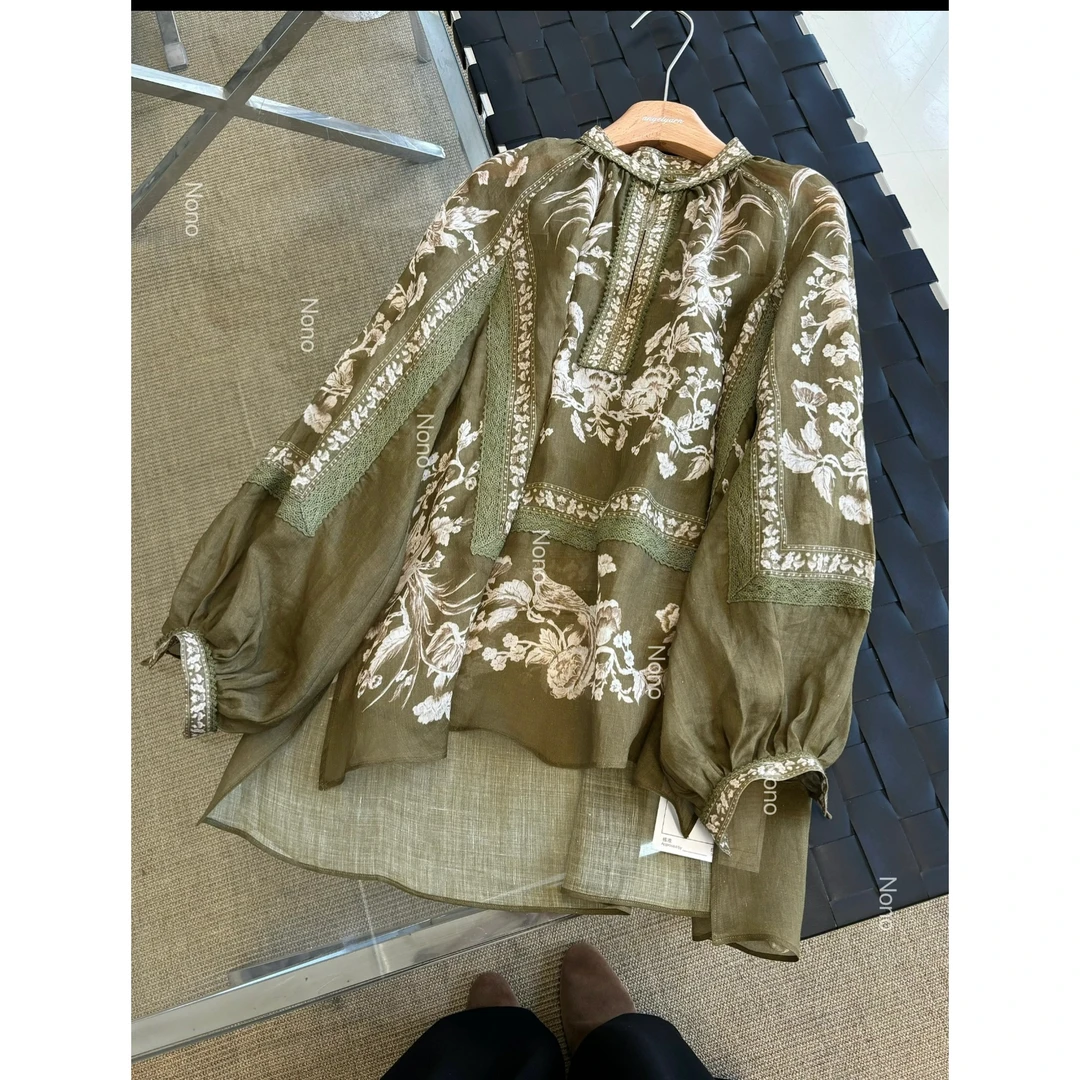 苎麻！25夏季新中式复古民族风刺绣印花绿色V领衬衫女宽松长袖上衣