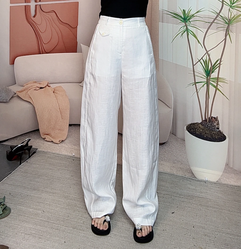 韩熙家 白色小个子天丝亚麻阔腿裤女2025新款夏薄款显瘦直筒长裤