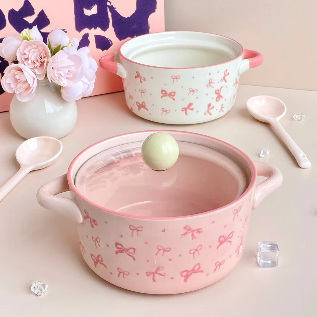 粉粉ins风少女心蝴蝶结双耳碗可爱泡面碗大号汤碗个人学生螺狮碗