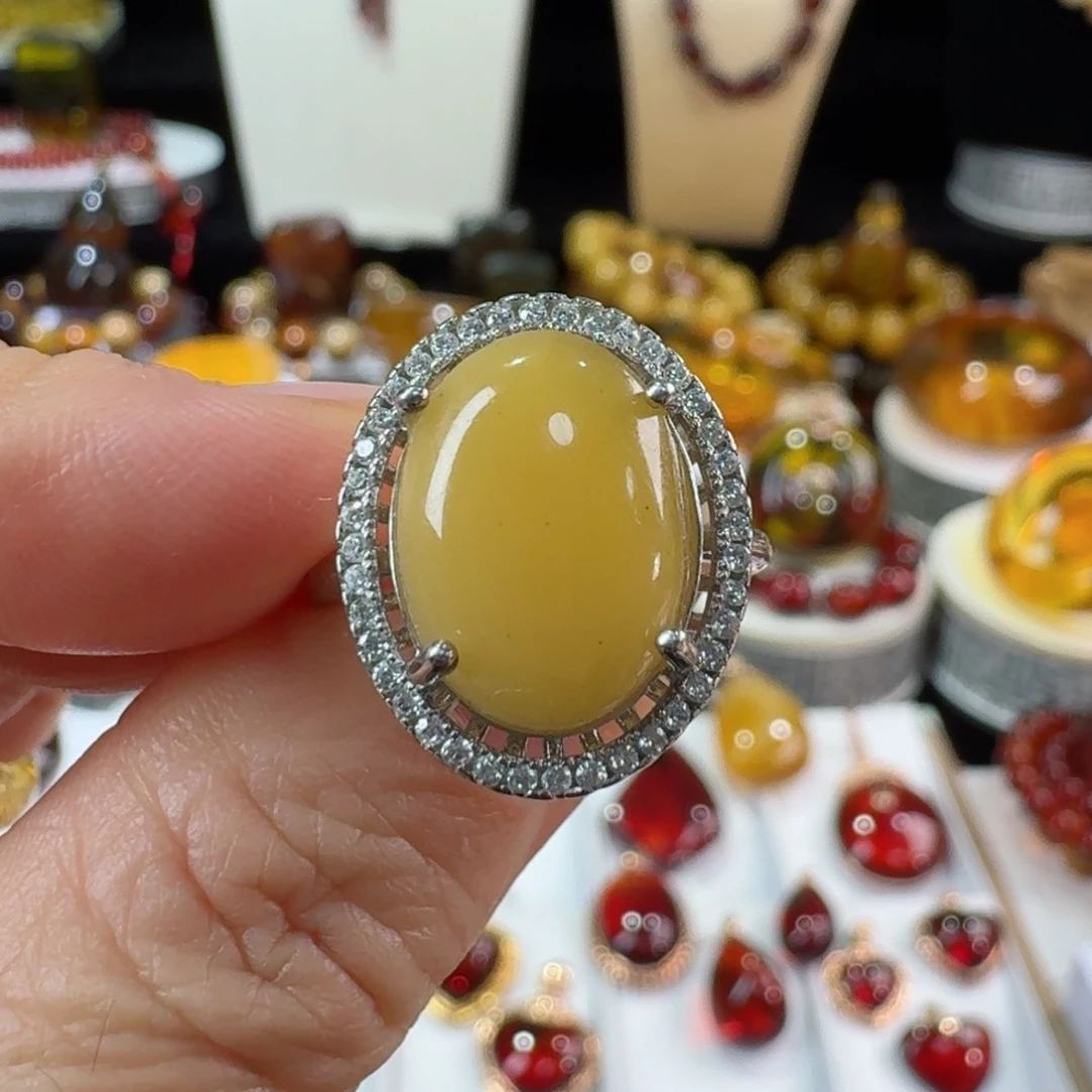 琥珀裸石银S925镶嵌天然缅甸蜜蜡戒指