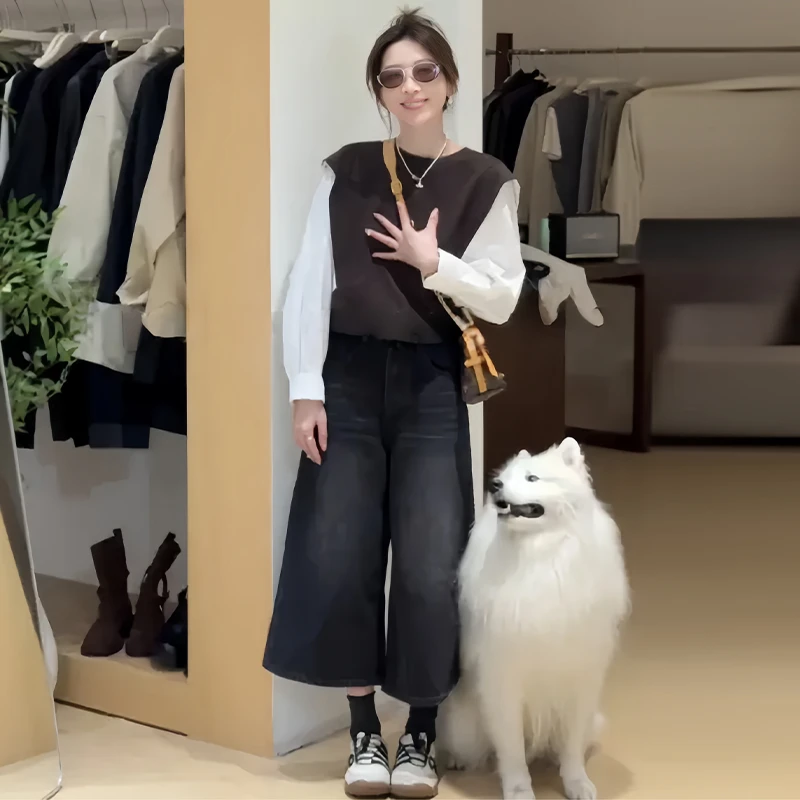 2025年秋冬新款韩系休闲宽松衬衫女极简风拼接假两件圆领长袖上衣