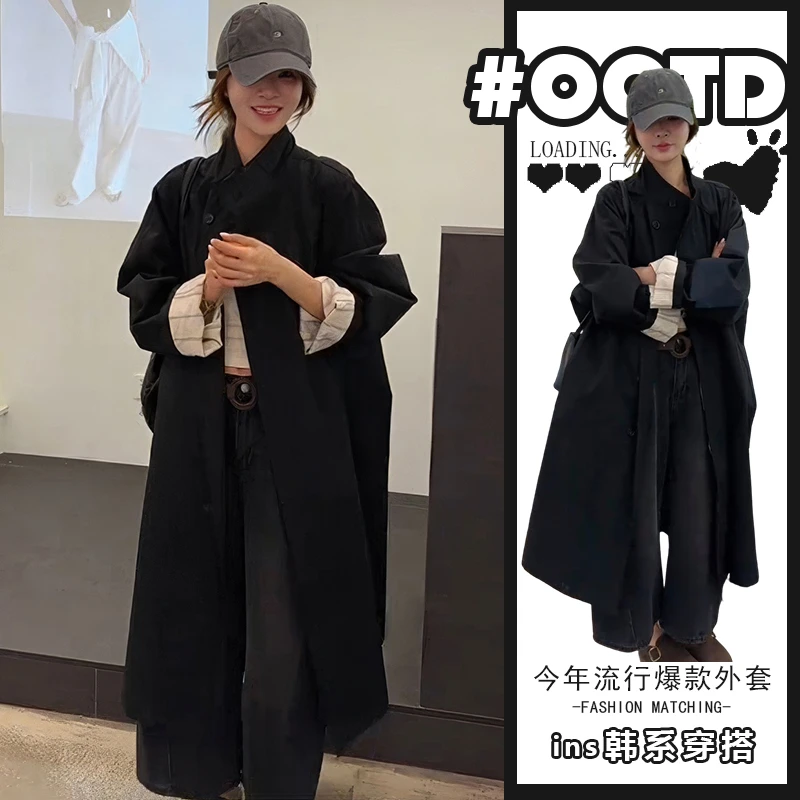 今年流行春秋新款独特超好看中长款宽松休闲上衣黑色立领风衣外套