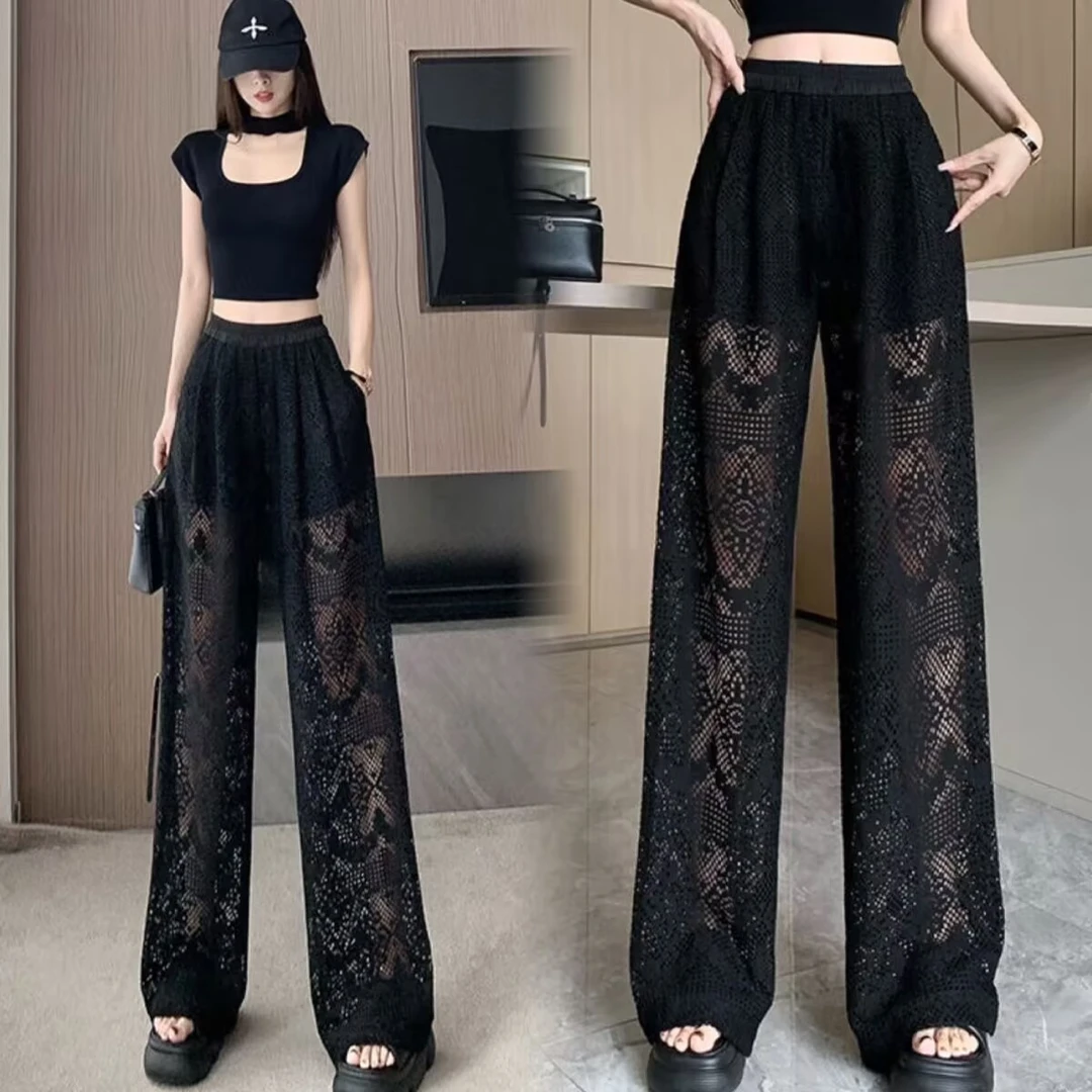设计镂空休闲裤新款薄款夏季黑色高腰阔腿性感裤女蕾丝时尚直筒