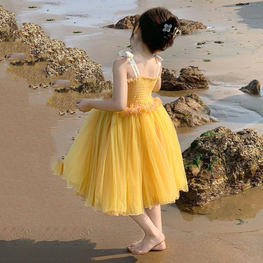 女童黄色打揽木耳花边网纱吊带裙2025夏季新款甜美蓬蓬公主连衣裙