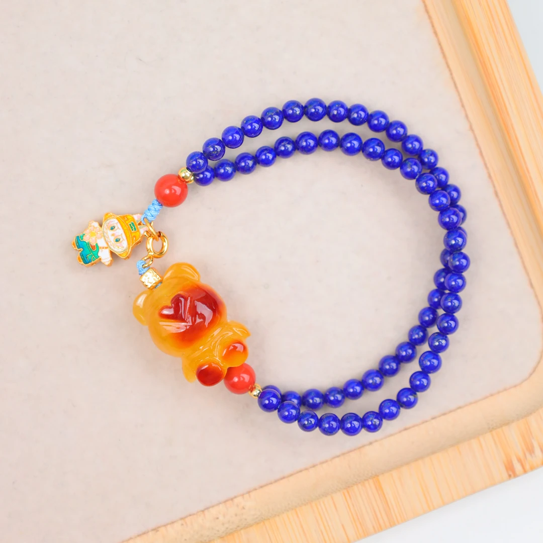 【琪琪珠宝】时尚蜜蜡小熊青金石双圈手串