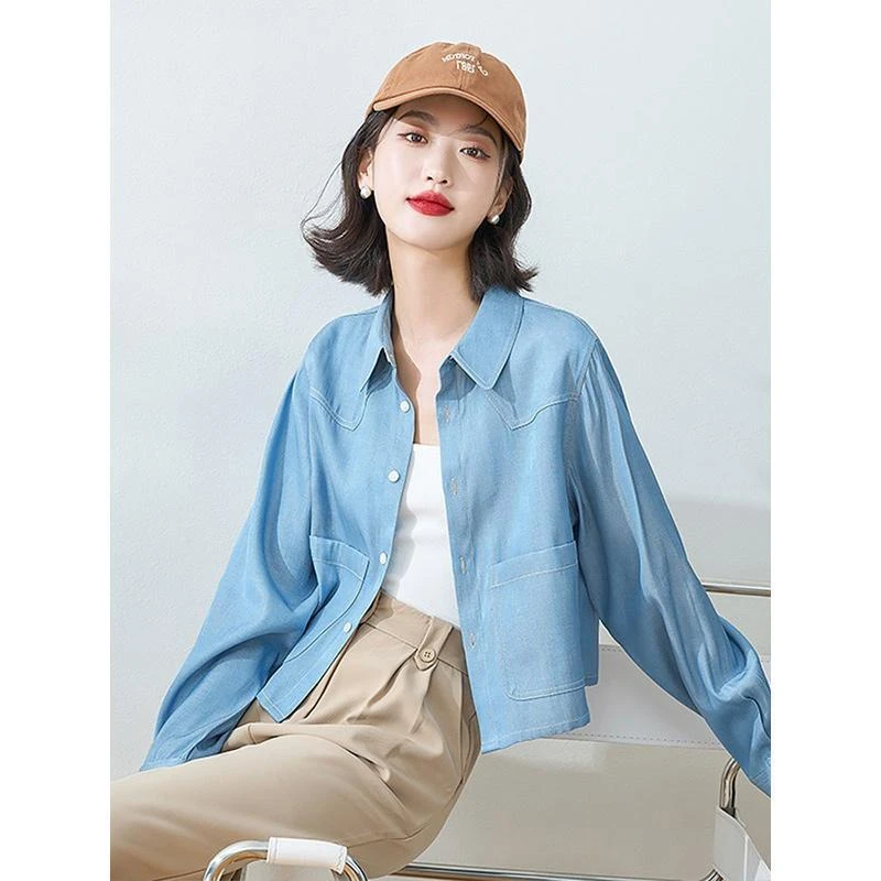 复古天丝牛仔衬衫外套女韩系宽松显瘦长袖短款上衣