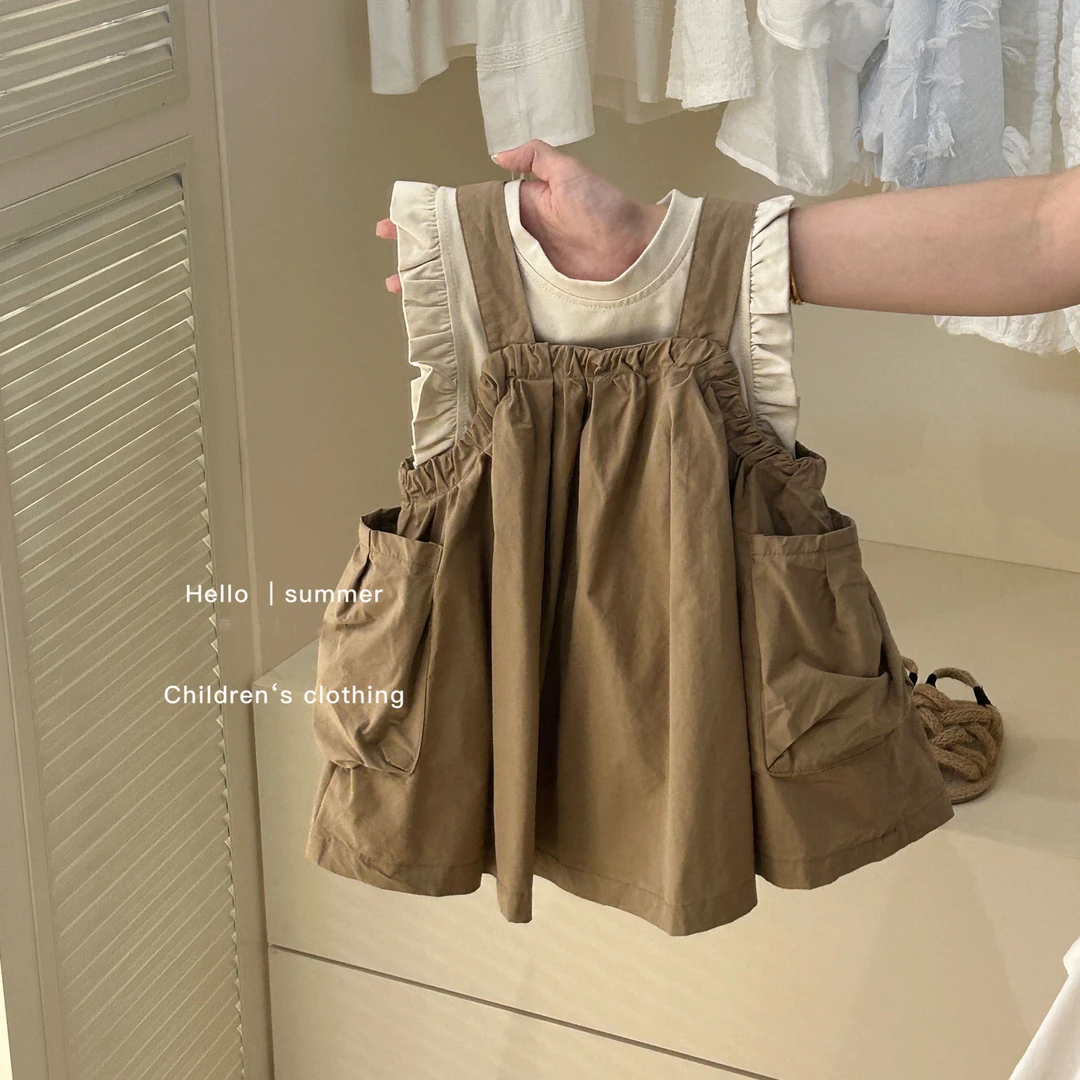 女童夏季套装2025新款女宝洋气工装背带裙飞袖T恤夏装休闲两件套