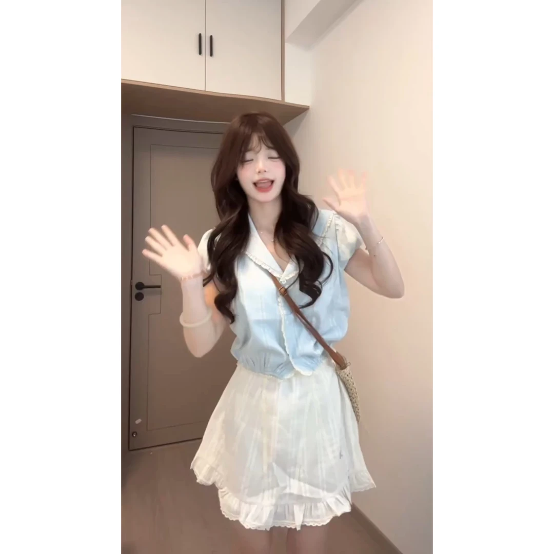 新款夏季蓝色法式短袖小个子女衬衫半裙套装2025年聚酯纤维梭织上