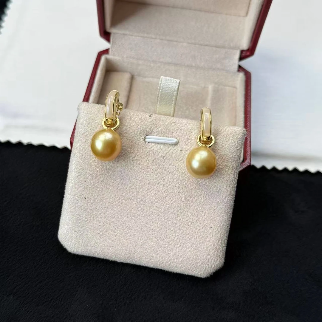 简约气质海水珍珠南洋金珠耳扣耳环浓金色S925银11-12mm一款多戴