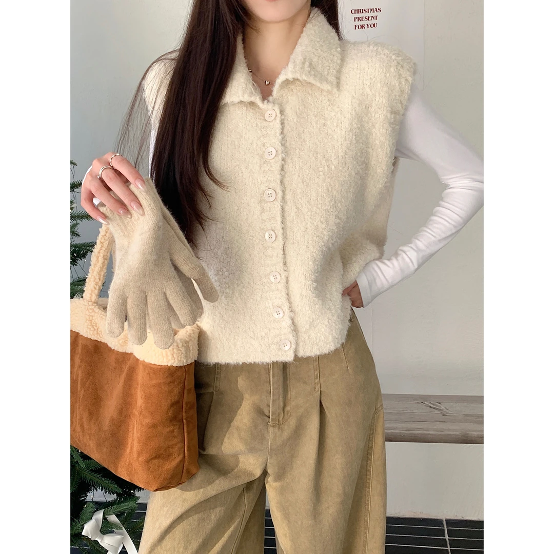 实拍2025秋冬韩版温柔百搭polo领无袖叠穿针织马甲背心开衫毛衣