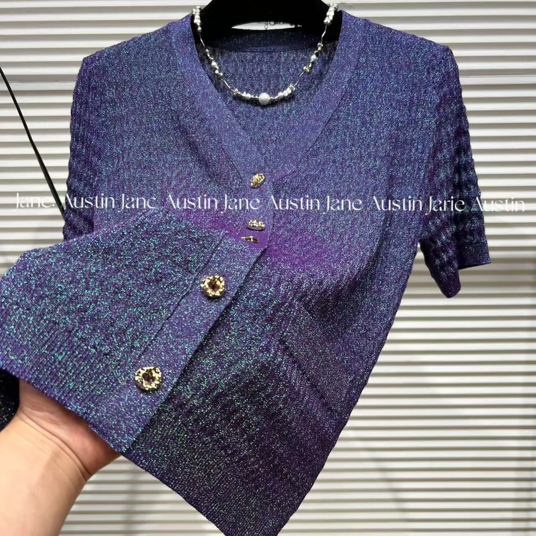 Jane Austin•(孔雀翎)2025高奢水晶纱线短袖气质小V领