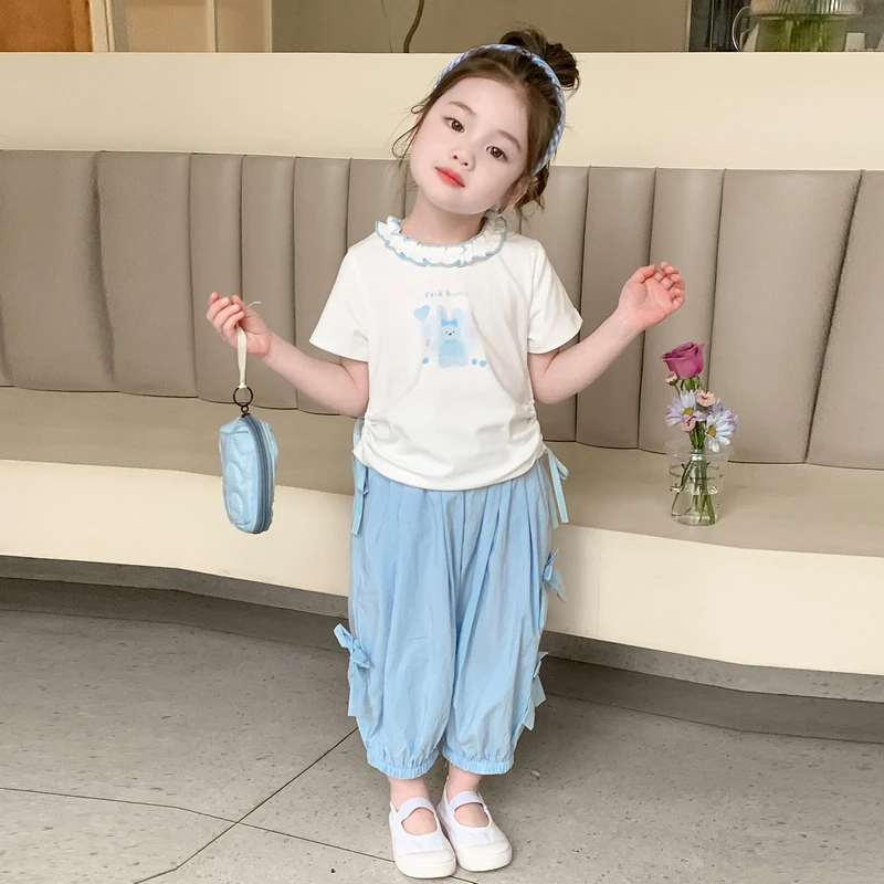 女小童运动套装夏款2025新款宝宝花边领短袖夏装小女孩网红两件套